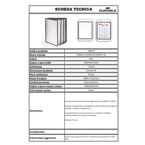 Pannelli espositivi DURABLE SHERPA® A4 polipropilene nero conf. da 5 - 560601